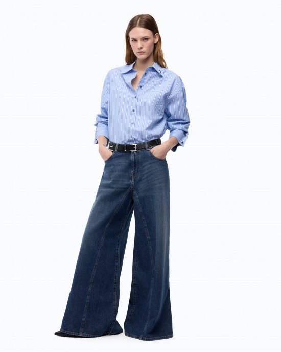 Pinko Winona Wide Leg Flared Blue Denim Παντελόνι