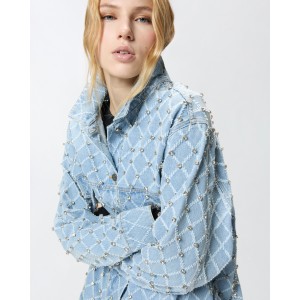 Pinko Pifferaio Overshirt Denim With Diamond & Rhinestone Motif Τζάκετ