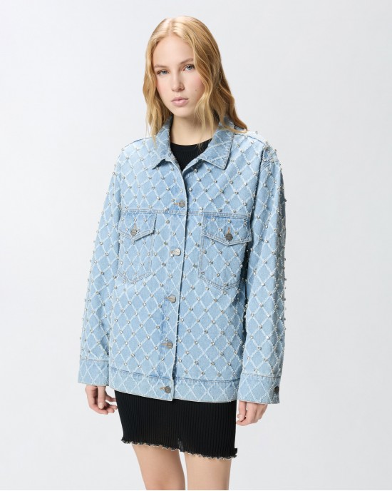 Pinko Pifferaio Overshirt Denim With Diamond & Rhinestone Motif Τζάκετ