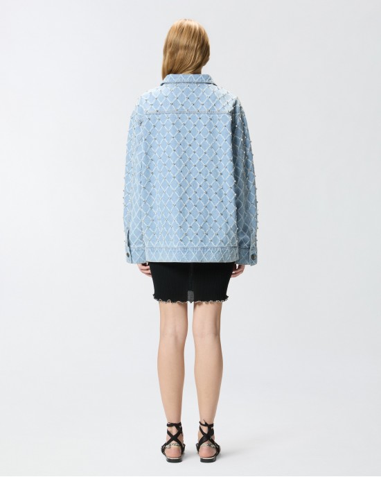 Pinko Pifferaio Overshirt Denim With Diamond & Rhinestone Motif Τζάκετ