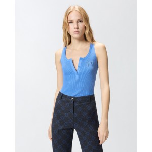 Pinko Sisma Ribbed Sleeveless Top With Monogram Light Blue Μπλούζα