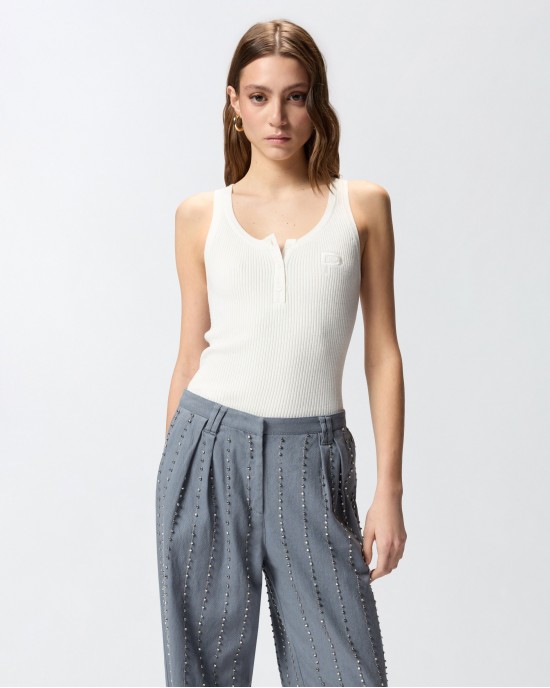 Pinko Sisma Ribbed Sleeveless Top With Monogram White Μπλούζα