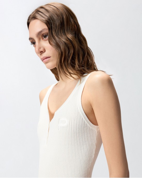 Pinko Sisma Ribbed Sleeveless Top With Monogram White Μπλούζα
