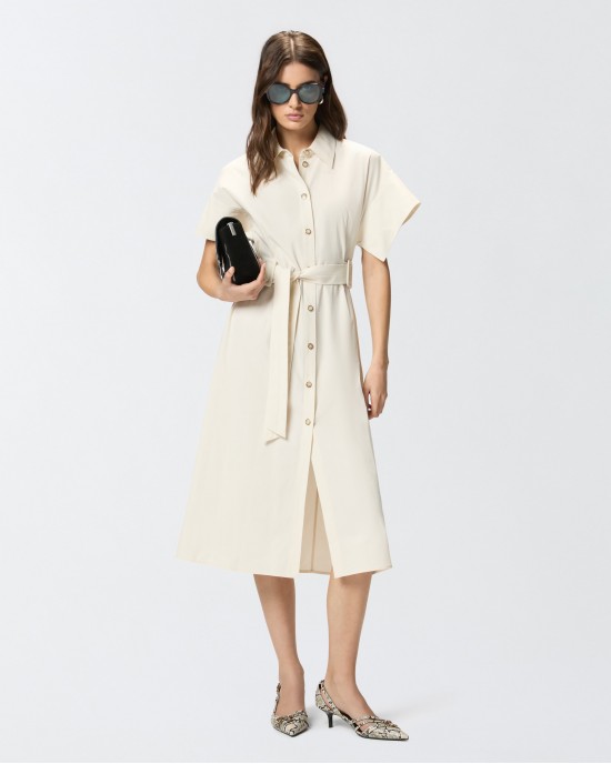 Pinko Alesha Midi Shirt-dress With Belt Ecru Φόρεμα