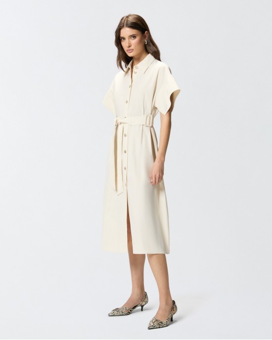 Pinko Alesha Midi Shirt-dress With Belt Ecru Φόρεμα