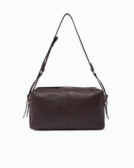 Pinko 24 Classic Keeper In New Biker Leather Brown Τσάντα Ώμου