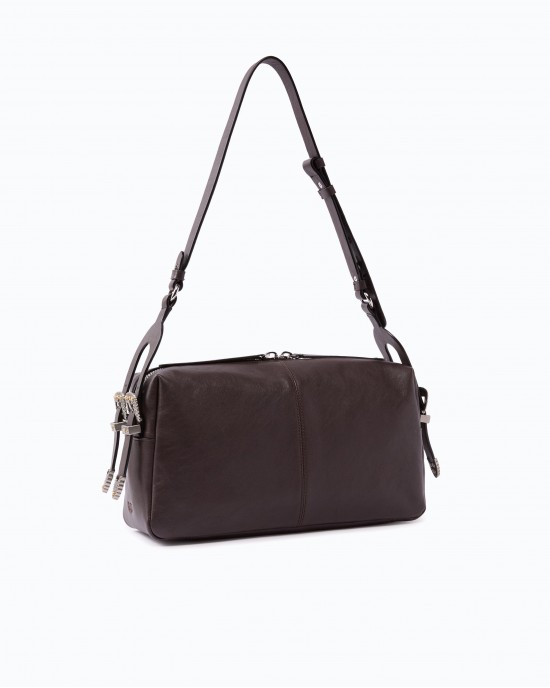 Pinko 24 Classic Keeper In New Biker Leather Brown Τσάντα Ώμου