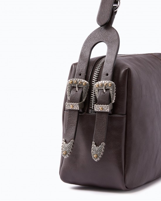 Pinko 24 Classic Keeper In New Biker Leather Brown Τσάντα Ώμου