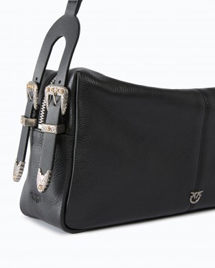 Pinko 24 Classic Keeper In New Biker Leather Black Τσάντα Ώμου