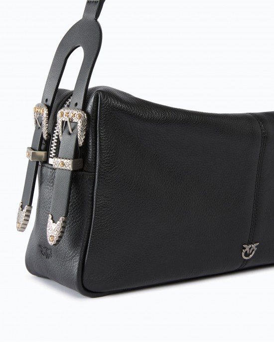 Pinko 24 Classic Keeper In New Biker Leather Black Τσάντα Ώμου