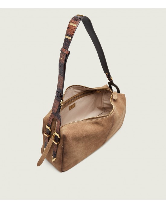 Pinko 24 Big Keeper In Spray-effect Suede Brown Τσάντα Ώμου