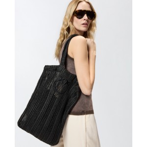 Pinko Easy Tote Medium Shopper Raffia Black Τσάντα
