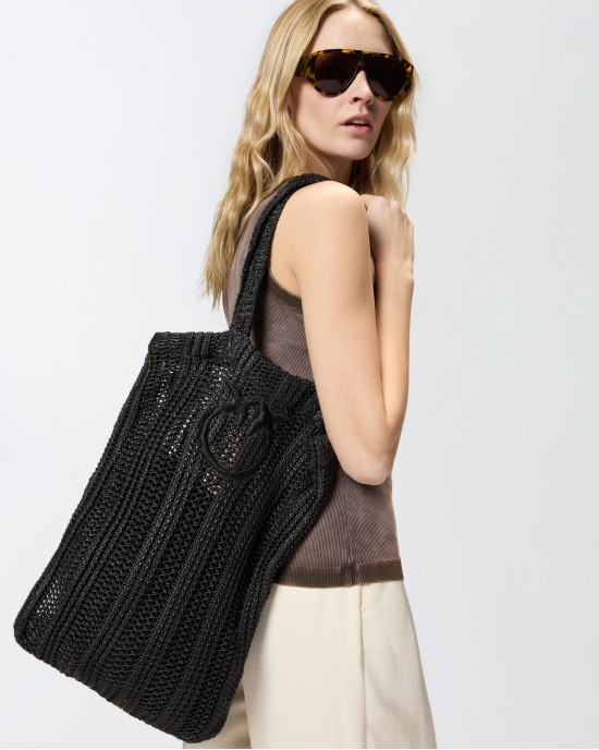 Pinko Easy Tote Medium Shopper Raffia Black Τσάντα