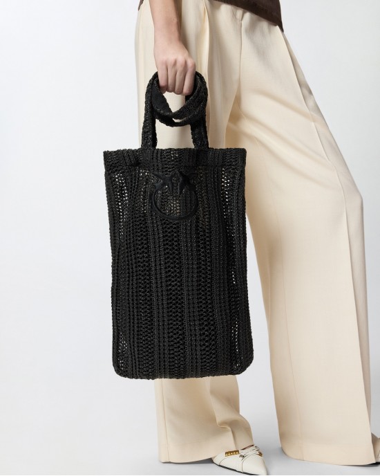 Pinko Easy Tote Medium Shopper Raffia Black Τσάντα