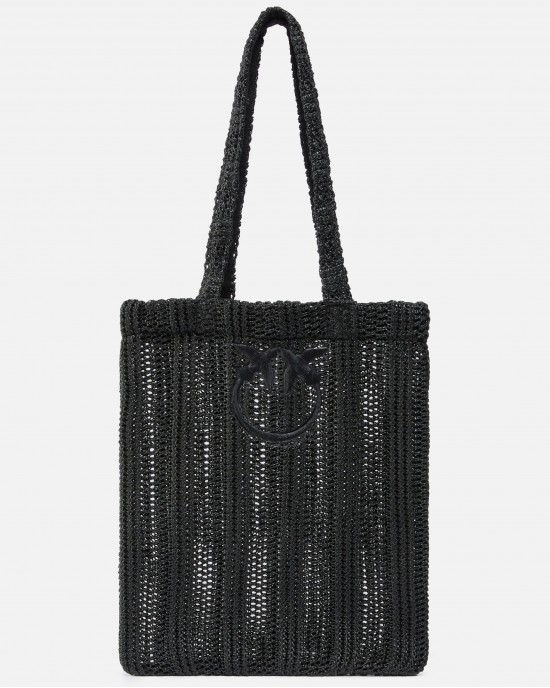 Pinko Easy Tote Medium Shopper Raffia Black Τσάντα