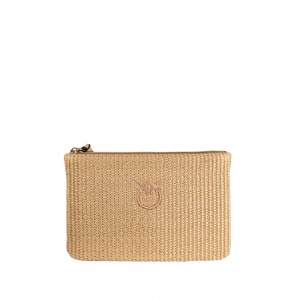 Pinko Pochette Raffia Clutch Beige Πορτοφόλι