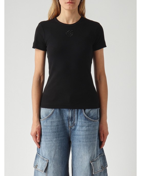 Pinko Brugherio Fine-Rib T-shirt Love Birds Embroidery Black Μπλούζα
