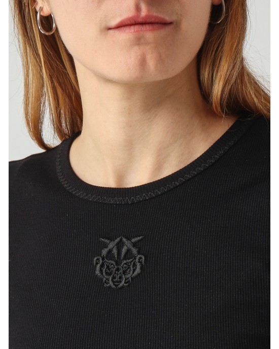 Pinko Brugherio Fine-Rib T-shirt Love Birds Embroidery Black Μπλούζα