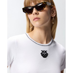 Pinko Brugherio Fine-Rib T-shirt Love Birds Embroidery White Μπλούζα