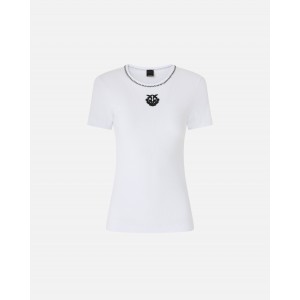 Pinko Brugherio Fine-Rib T-shirt With Love Birds Embroidery White Μπλούζα
