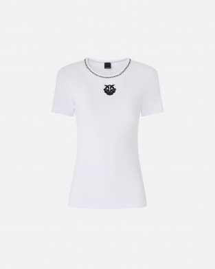 Pinko Brugherio Fine-Rib T-shirt With Love Birds Embroidery White Μπλούζα
