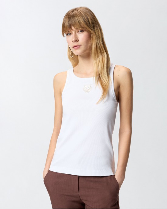 Pinko Bitetto Ribbed Vest Top Love Birds Embroidery White Μπλούζα