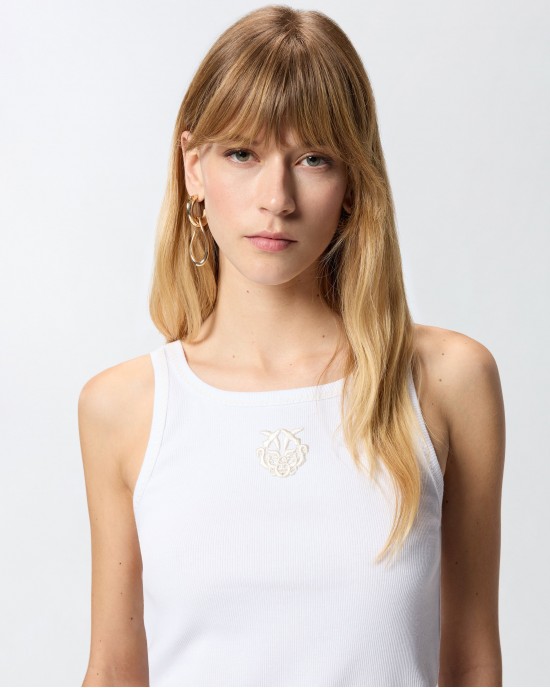 Pinko Bitetto Ribbed Vest Top Love Birds Embroidery White Μπλούζα