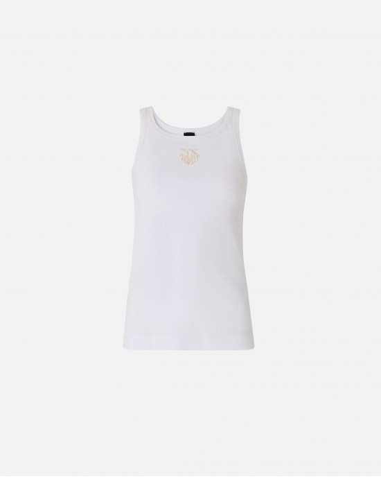 Pinko Bitetto Ribbed Vest Top With Love Birds Embroidery White Μπλούζα