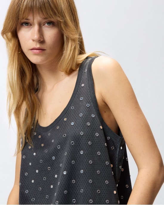 Pinko Bergamo Mesh Vest Top With Mirror Detail Grey Μπλούζα