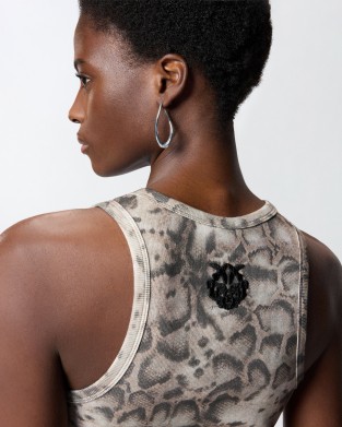 Pinko Belfiore Ribbed Vest Top With Snake Print Beige/Black Μπλούζα
