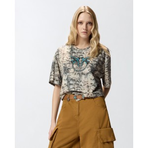 Pinko Cropped T-shirt With Snake Print & Love Birds Μπλούζα
