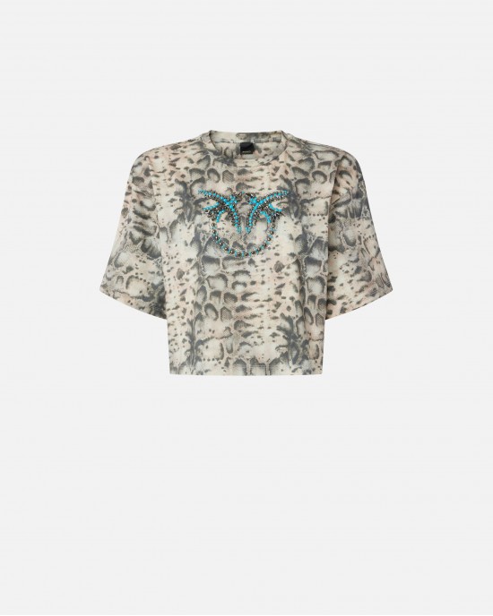 Pinko Cropped T-shirt With Snake Print & Love Birds Μπλούζα