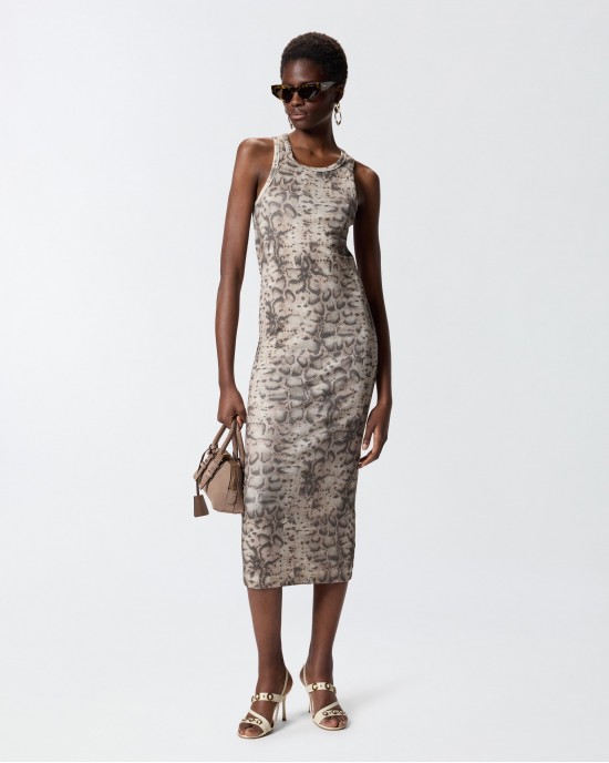 Pinko Novoli Ribbed Slim-Fit Midi With Snake Print Beige/Black Φόρεμα
