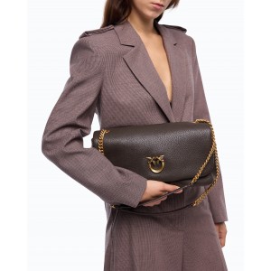 Pinko Click Soft Horizontal Brown Leather Τσάντα Ώμου