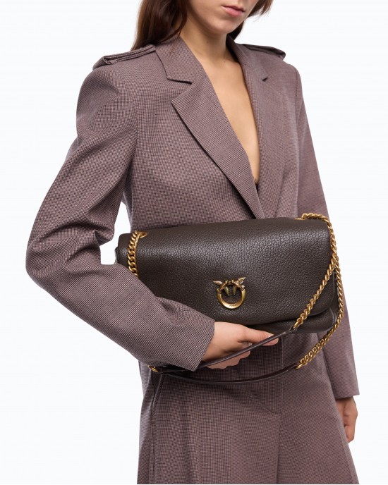 Pinko Click Soft Horizontal Brown Leather Τσάντα Ώμου
