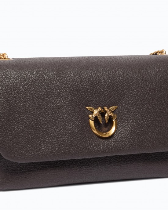 Pinko Click Soft Horizontal Brown Leather Τσάντα Ώμου