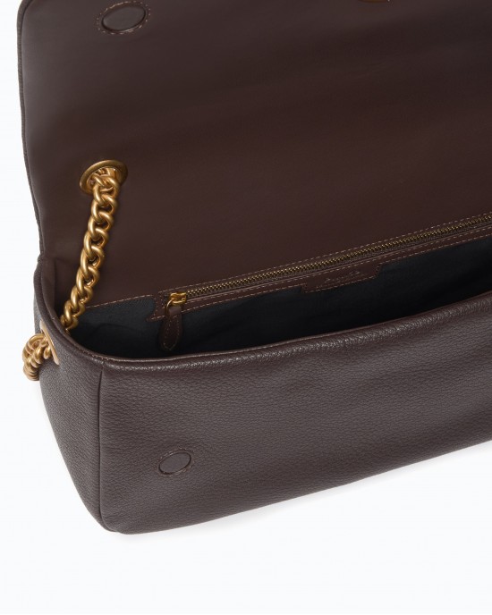 Pinko Click Soft Horizontal Brown Leather Τσάντα Ώμου