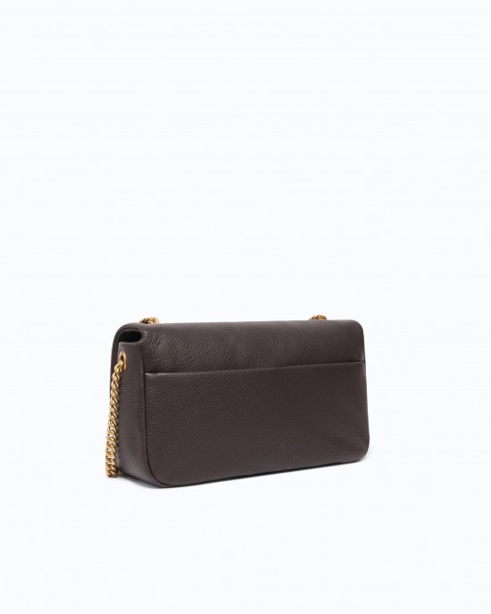 Pinko Click Soft Horizontal Brown Leather Τσάντα Ώμου