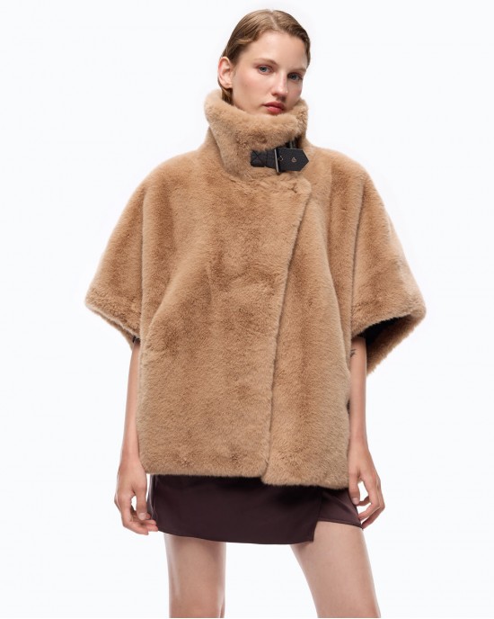 Pinko New Comodino Faux Fur Cape Beige Τζάκετ