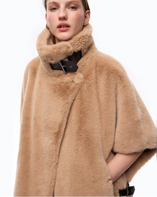 Pinko New Comodino Faux Fur Cape Beige Τζάκετ