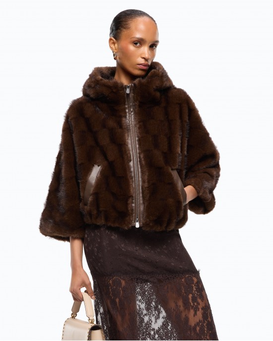Pinko Cadetia Cape Faux Fur Blouson With Hood Brown Τζάκετ