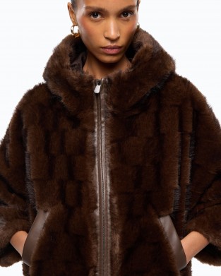 Pinko Cadetia Cape Faux Fur Blouson With Hood Brown Τζάκετ