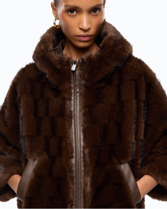 Pinko Cadetia Cape Faux Fur Blouson With Hood Brown Τζάκετ
