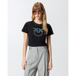 Pinko Fidenza T-shirt Love Birds Jewel Maxi Embroidery Black Μπλούζα