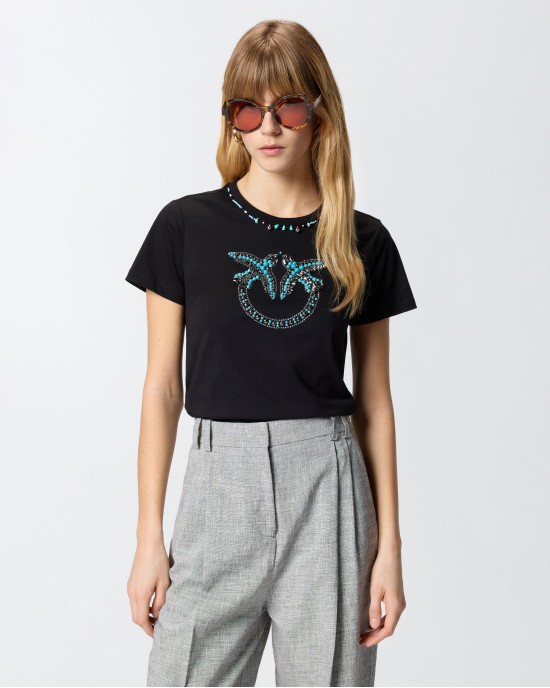 Pinko Fidenza T-shirt Love Birds Jewel Maxi Embroidery Black Μπλούζα