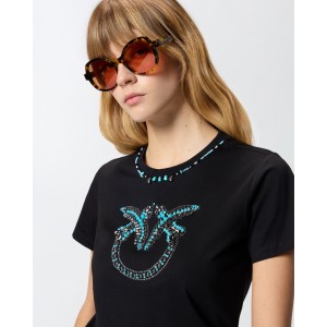 Pinko Fidenza T-shirt Love Birds Jewel Maxi Embroidery Black Μπλούζα