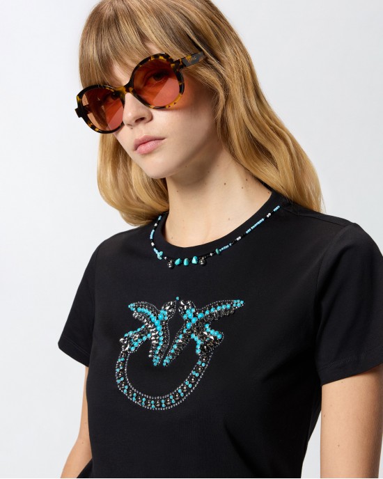 Pinko Fidenza T-shirt Love Birds Jewel Maxi Embroidery Black Μπλούζα