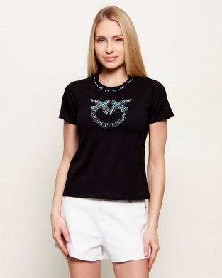 Pinko Fidenza T-shirt Love Birds Jewel Maxi Embroidery Black Μπλούζα