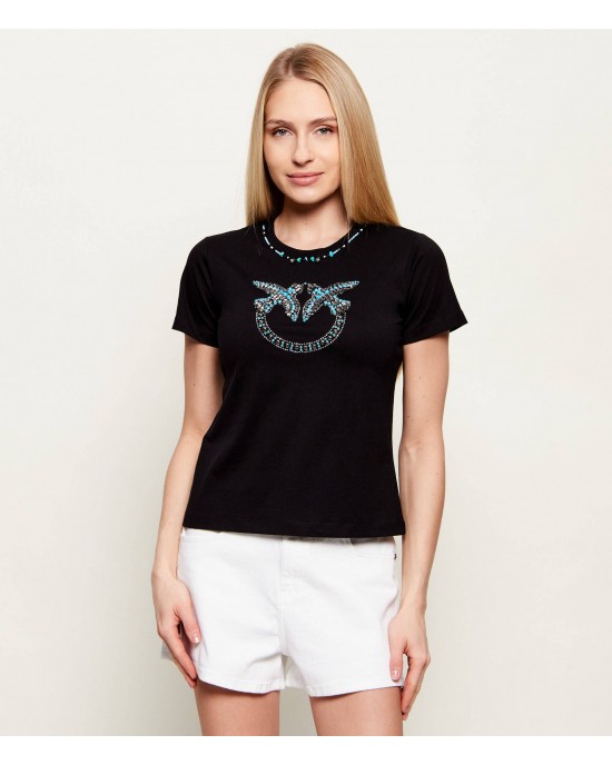 Pinko Fidenza T-shirt Love Birds Jewel Maxi Embroidery Black Μπλούζα