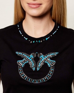 Pinko Fidenza T-shirt Love Birds Jewel Maxi Embroidery Black Μπλούζα
